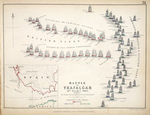 A trafalgari csata térképe, kiadó: William Blackwood and Sons, Edinburgh és London, 1848 (kézzel színezett metszet).